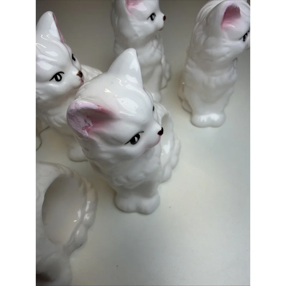 Abbott Kitten/Cat/Kitty Napkin Rings Set Of 7 Vintage 80's Porcelain, Ceramic